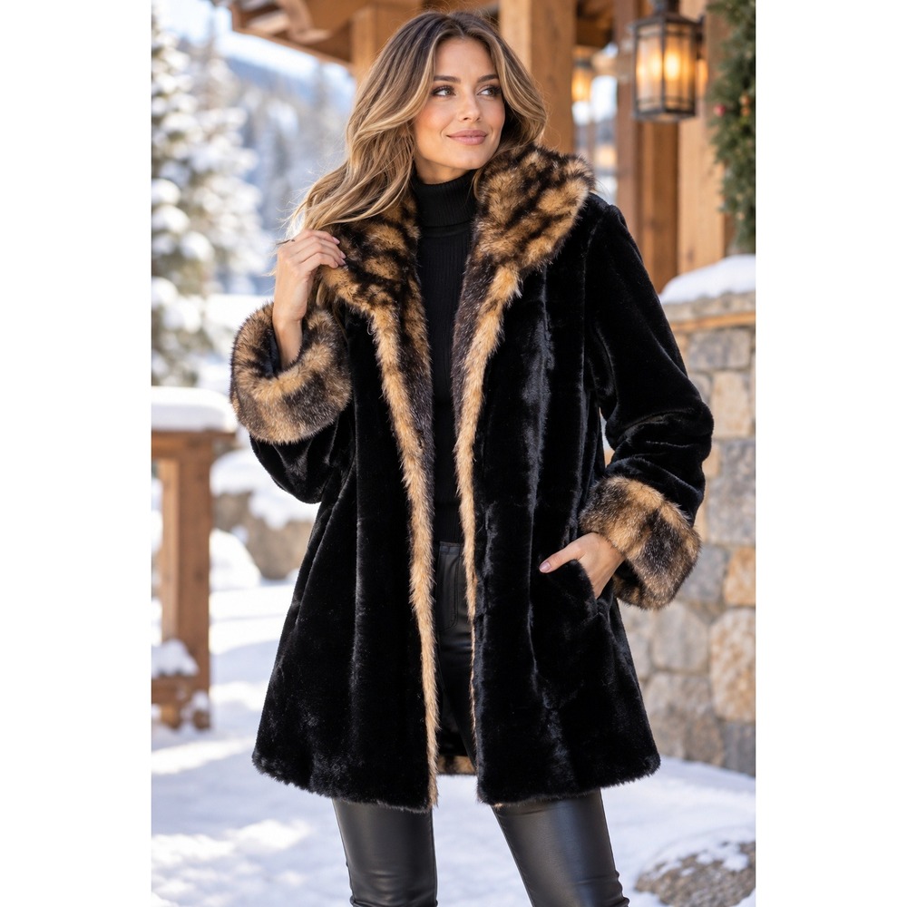 Norm Thompson Faux Fur Coat Black Brown Trim Plush Collar Womens Large